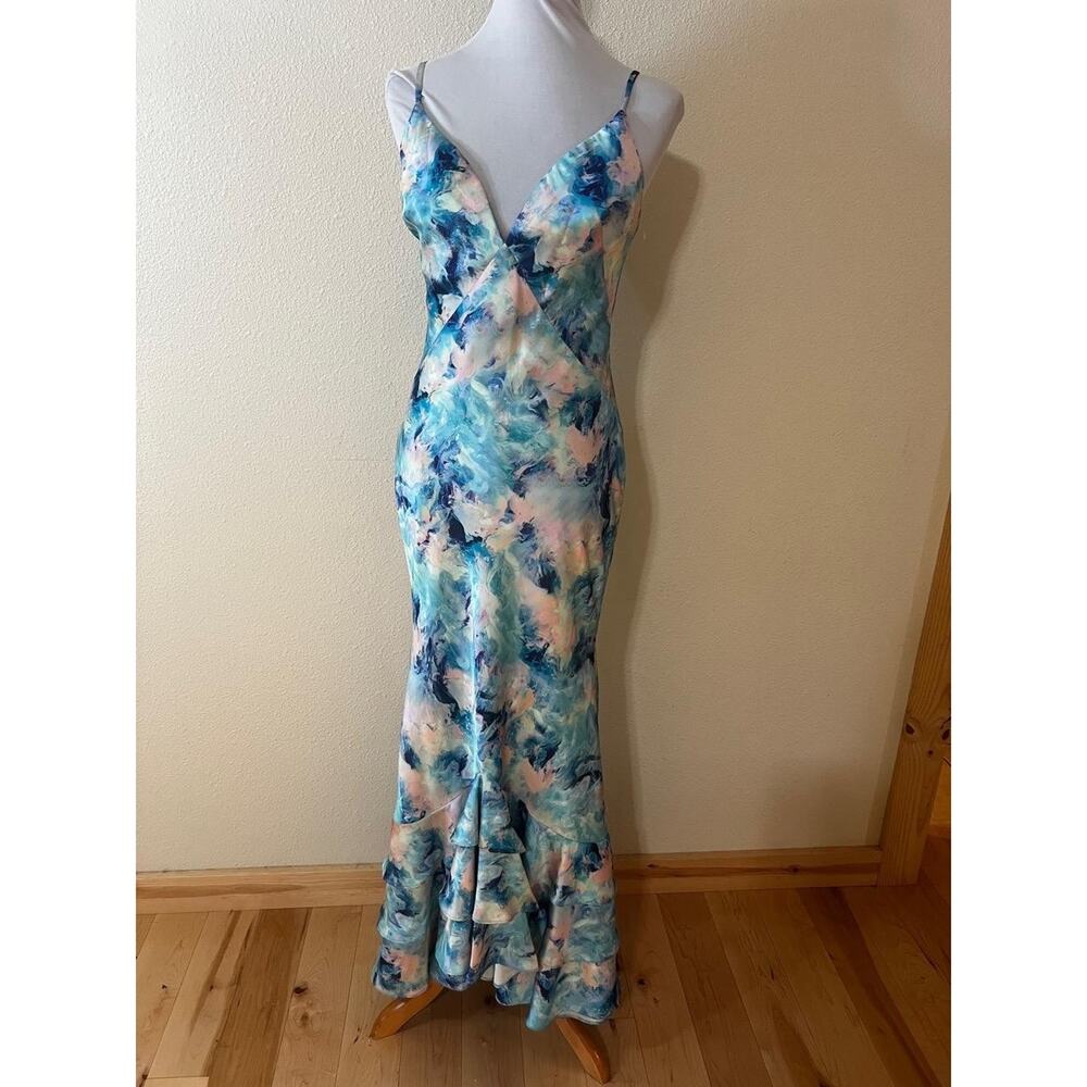 Liv Foster Womens US 4 Blue Pink Floral Abstract Ruffle V Neck Satin Maxi Dress